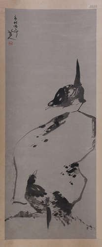 CHINESE SCROLL PAINTING OF BIRD ON ROCK