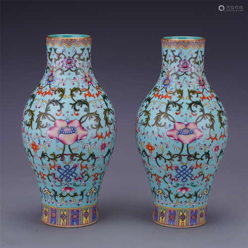 PAIR OF CHINESE PORCELAIN TURQUOISE GLAZE FAMILLE ROSE FLOWER VASES