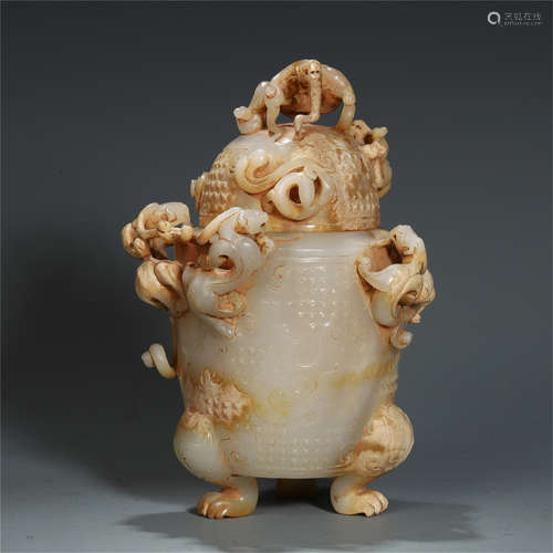 CHINESE ANCIENT JADE LIDDED WATER JAR