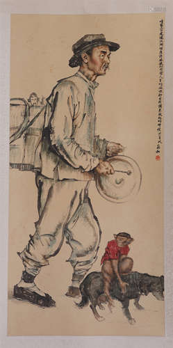 CHINESE SCROLL PAINTING OF MEN WITH MONKEY