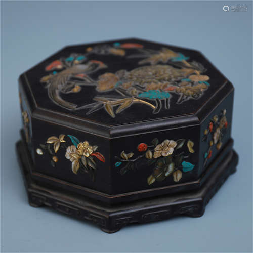 CHIENSE GEM STONE INLAID HARDWOOD HONGMU OXTAGONAL BOX ON BASE