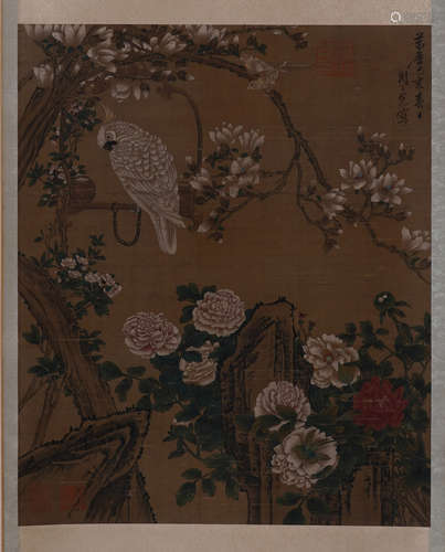 CHINESE SCROLL PAINTING OF EAGLE AND FLOWER