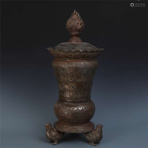 CHINESE SILVER GOLD INLAID BRONZE LIDDED INCENSE BURNER