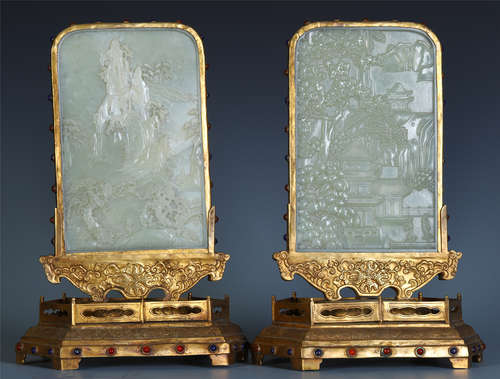 PAIR OF CHINESE CELADON JADE PLAQUE GILT BRONZE TABLE SCREENS