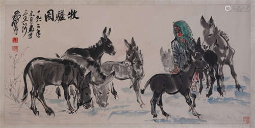 CHINESE SCROLL PAINTING OF GIRL AND DONKEY