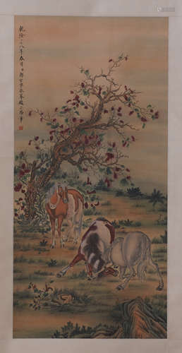 CHINESE SCROLL PAINTING OF HORSE UNDER TREE