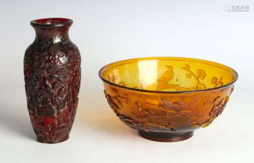 DARK RED AMBER COLORED VASE & PEKING GLASS BOWL