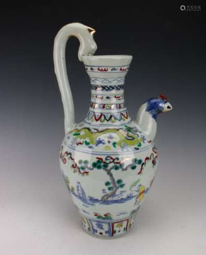 CHINESE PORCELAIN ROOSTER & DRAGON PITCHER