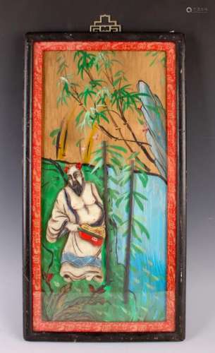 CHINESE HARDSTONE PANEL OF MAN IN BAMBOO GARDEN