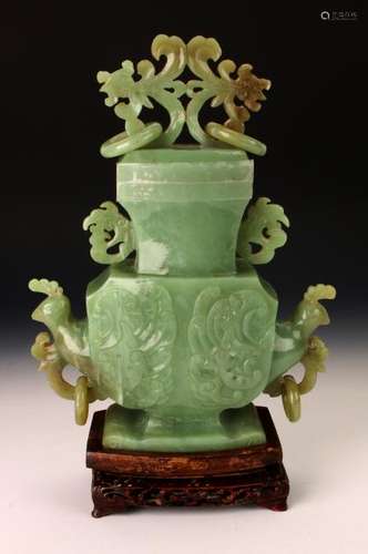 CARVED GREEN JADE LIDDED URN ON STAND