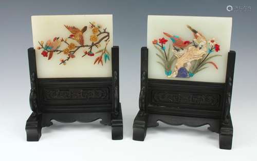 PAIR WHITE JADE TABLE SCREENS WITH BIRDS