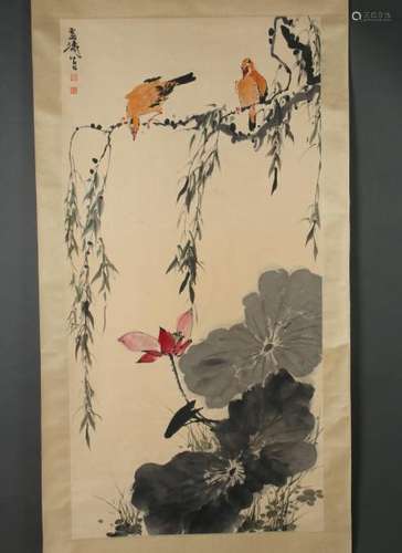 SCROLL OF BIRDS OVER A LOTUS BLOSSOM