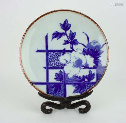 BLUE AND WHITE STILL LIFE PLATE ON STAND