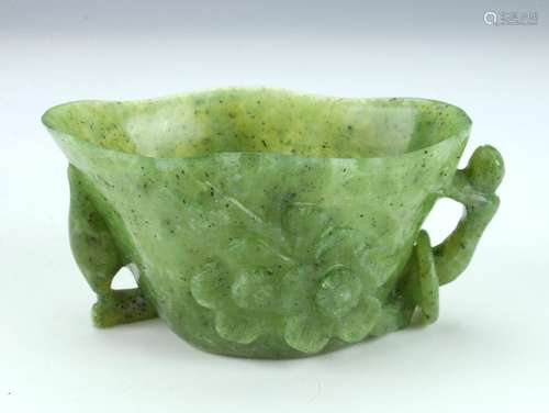 CARVED JADE CUP WITH PIERCED HANDLES