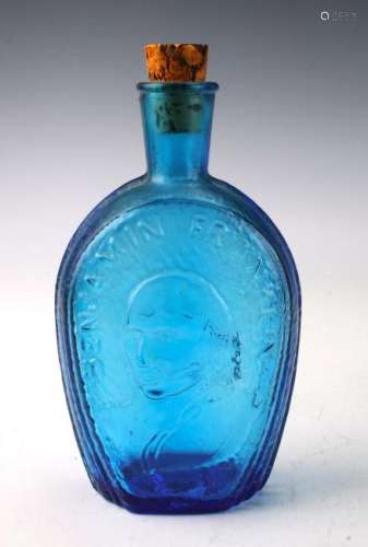 BLUE GLASS BENJAMIN FRANKLIN GLASS HOUSE BOTTLE