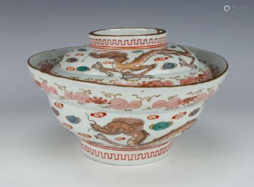 PORCELAIN DRAGON AND PHOENIX LIDDED RICE BOWL