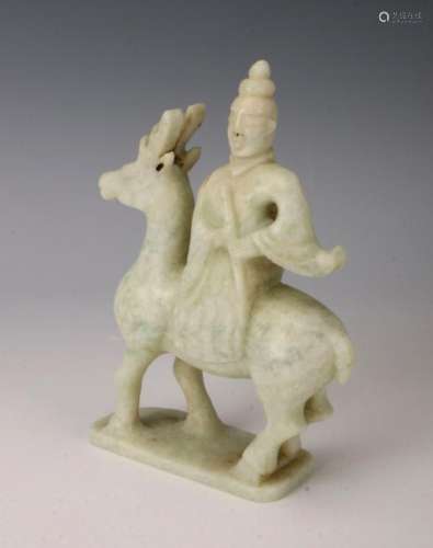 GREEN HARDSTONE MUSICIAN RIDING A STAG