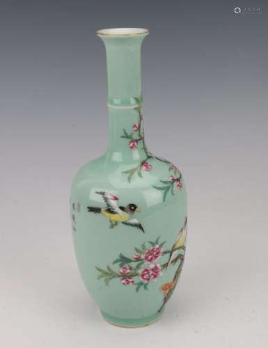 PALE GREEN BOTTLE VASE WITH BIRDS