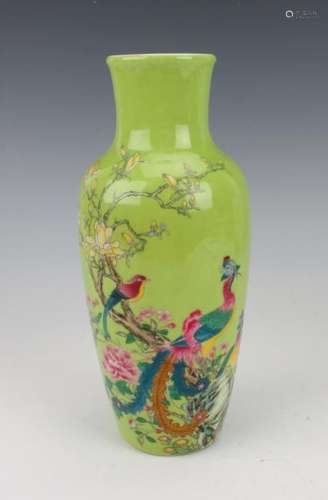 BRIGHT GREEN FLOWER AND BIRD VASE