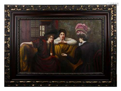 LARGE PAINTING OF THREE WOMEN IN CARVED FRAME