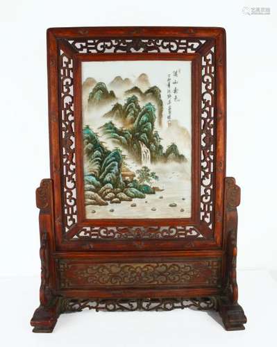 TABLE SCREEN WITH PORCELAIN PLAQUE OF MOUNTAINS