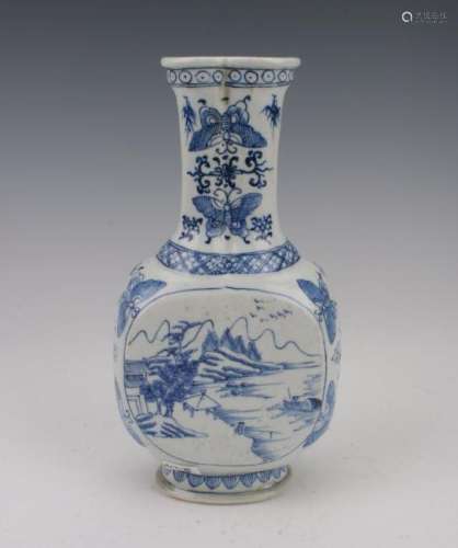 LOBED BLUE & WHITE BUTTERFLY & LANDSCAPE VASE