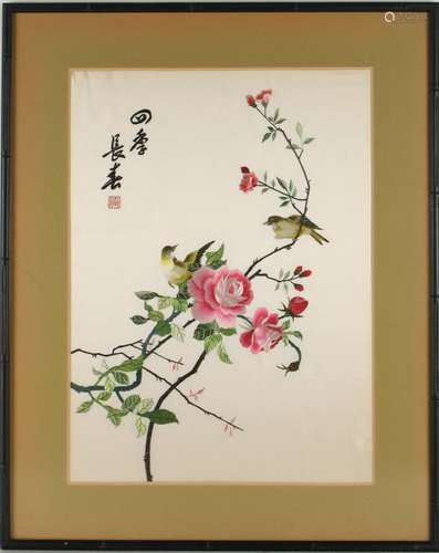 FRAMED EMBROIDERED PICTURE OF BIRDS ON FLOWERS