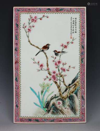 FAMILLE ROSE PORCELAIN SONG BIRD PLAQUE