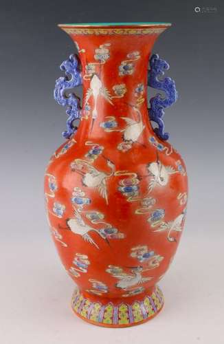 CHINESE PORCELAIN ORANGE CRANE VASE