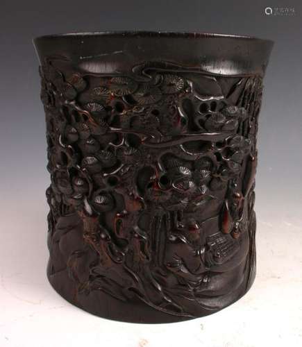 CARVED WOODEN BRUSH POT