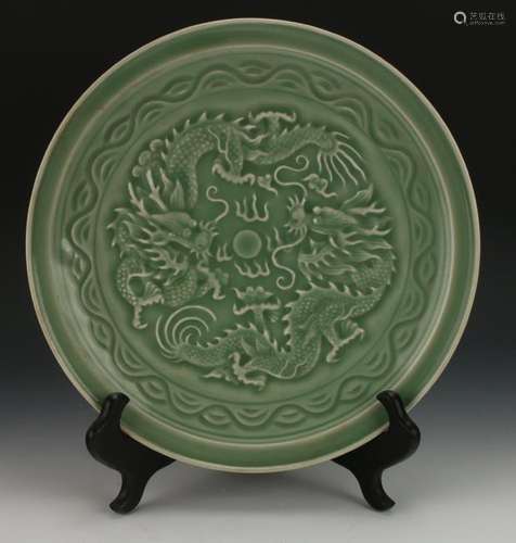 CELADON CARVED DRAGON PLATE