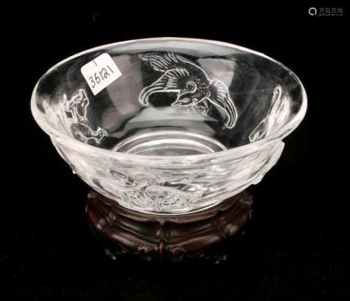 CLEAR PEKING GLASS BOWL WITH WOODEN STAND