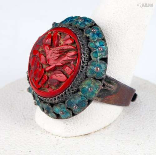 CARVED CINNABAR AND ENAMEL RING
