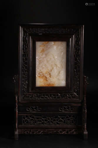 A HETIAN JADE STORY TELLING POETRY SCREEN WITH RED WOOD FRAME