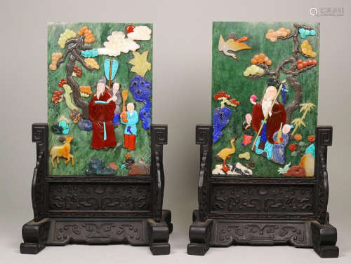 A PAIR OF GEMS ENBEDED JASPER SCREEN WITH CHARACTER STORY