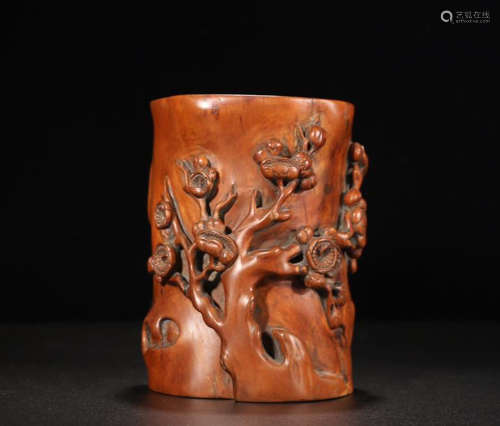A HUANGYANG WOOD BRUSH HOLDER WITH TREE SHAPED CARVING