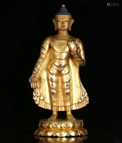A GILT BRONZE STANDING POSTURE ROBES SAKYAMUNI BUDDHA STATUE