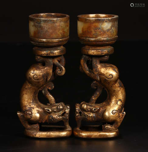 A PAIR OF GILT BRONZE JADE EMBEDED CANDLE HOLDER