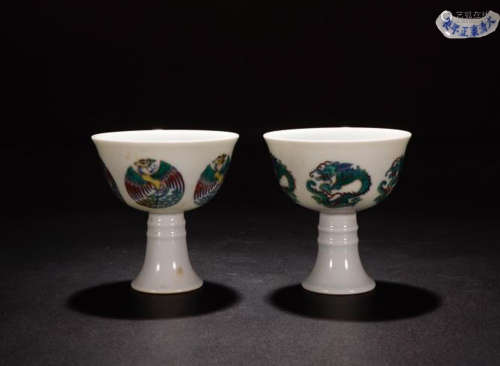 A YONGZHENG MARK DOUCAI HIGH-FOOT CUP WITH DRAGON AND PHOENIX PATTERN