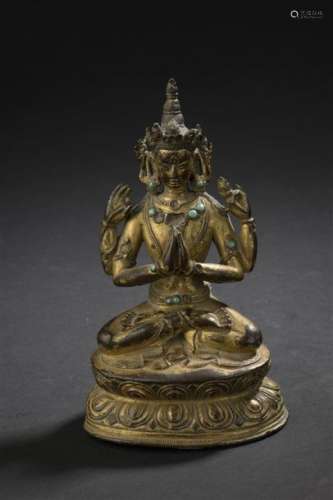 Statuette d'Avalokitesvara en bronze doré Sino tib...;