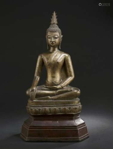 Statue de bouddha en bronze laqué rouge et or Laos...;