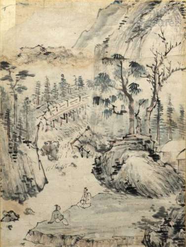 École Chinoise Personnages au bord de l’eau. Encre…