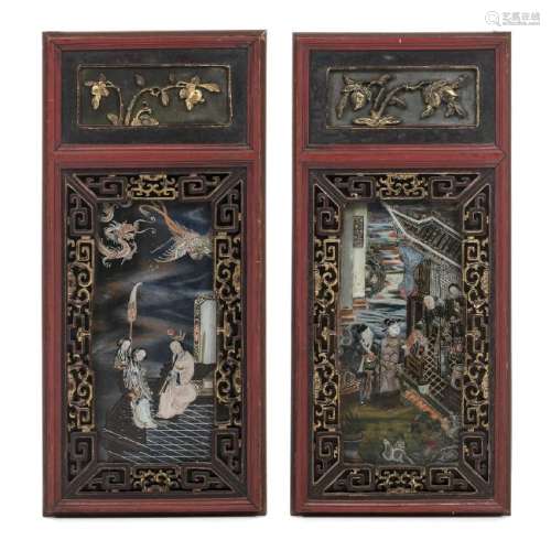 Two Chinese panels with paint on glass