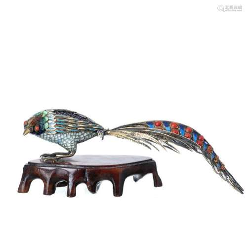 Chinese silver and enamel pheasant