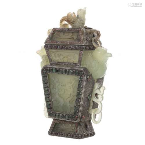 Tibetan jade and silver inlaid vase