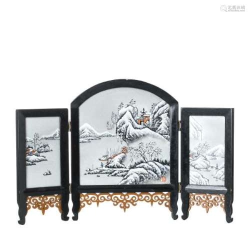 Chinese porcelain winter landscape table screen, signed