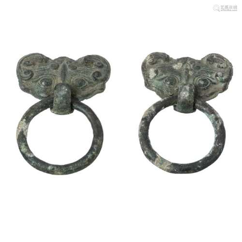 Pair of archaic bronze handles, Han