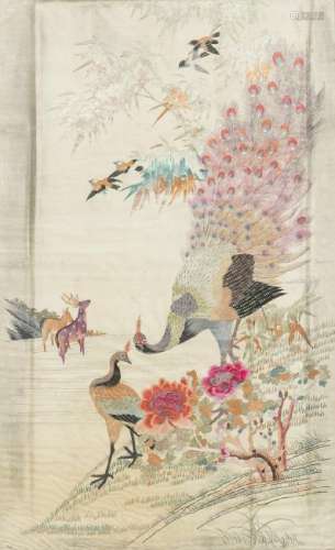 Chinese embroidery on silk 'peacocks', Guangxu