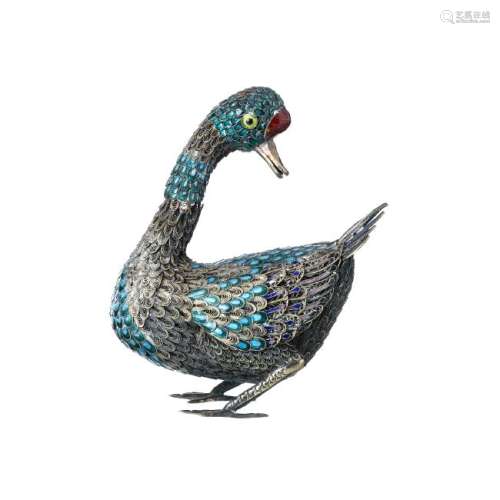 Chinese silver and enamel duck