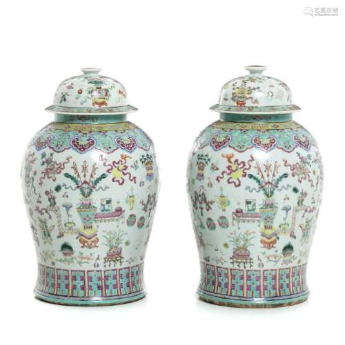 Pair of pots with lid in china porcelain, Tongzhi